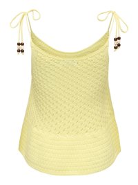 Haut sans manches tricoté jaune clair avec des liens à nouer et des perles marron et blanches aux extrémités, présentant un motif texturé sur le tissu.