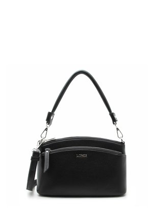 Sac à main en cuir noir avec poignée supérieure, poche avant zippée et quincaillerie argentée, marqué "L.CREDI" sur le devant.
