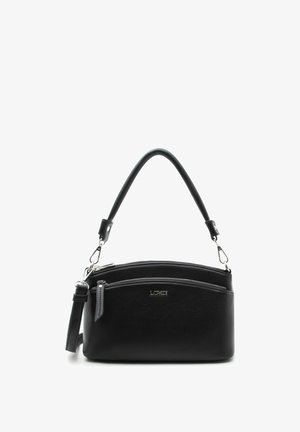 Sac à main en cuir noir avec poignée supérieure, poche avant zippée et quincaillerie argentée, marqué "L.CREDI" sur le devant.