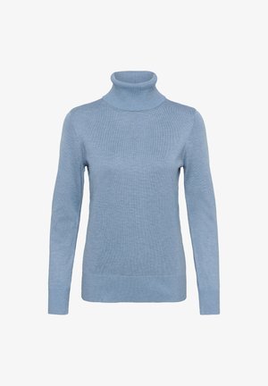 Světle modrý rolák vyrobený z měkké pleteniny. Má dlouhé rukávy a žebrovaný límec a lem, s hladkou strukturou.