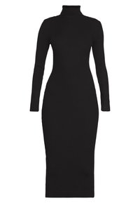 Svart långärmad ribbad stickad klänning med turtleneck och figurnära silhuett, som sträcker sig till mitt på vaden.