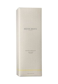 Molton Brown Orange & Bergamot aroma reed diffuser packaged in a textured, cream-colored box with silver and yellow accents.