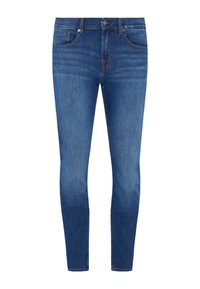 Jeans skinny realizzati in denim blu medio. Presentano un design a cinque tasche standard, passanti per cintura e leggere sfumature per texture.