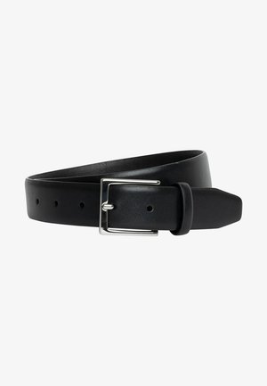 Ceinture en cuir noir avec une texture lisse, boucle rectangulaire en métal argenté et plusieurs trous d'ajustement. Extrémités coupées nettes.