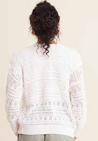 Weißer, gestrickter Pullover mit offener, spitzenartiger Textur und wechselnden Mustern, langen Ärmeln und einem gerippten Saum. Rückansicht dargestellt.