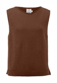 Bruine mouwloze gebreide top met een ronde halslijn en geribde zoom. Glad textuur en minimalistisch ontwerp, geschikt voor het dragen in lagen of casual gebruik.