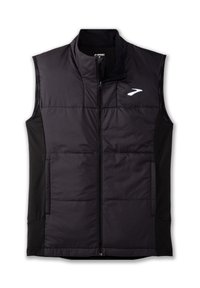 Schwarze isolierte Weste mit hohem Kragen, durchgehendem Reißverschluss und gestepptem Design. Mit einem Logo auf der Brust und weichen Stoffseitenteilen.
