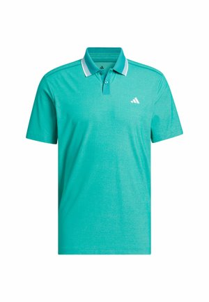 Turkis polo skjorte lavet af glat stof med en tre-knaps lukning, hvide krave accenter, og et lille hvidt logo på brystet.