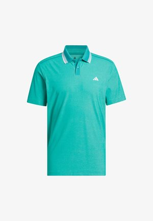 Turquoise polo shirt gemaakt van soepel materiaal met een drieknoopsluiting, witte kraagaccenten en een klein wit logo op de borst.