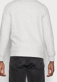 Sweat-shirt gris clair avec un motif texturé, des poignets et un ourlet côtelés. Associé à un jean foncé montrant les détails de la poche arrière.
