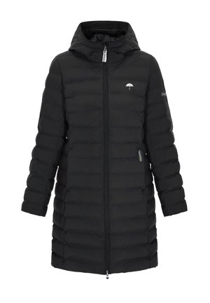 Fekete puffernadrág kapucnival. Steppelt textúrával, teljes első cipzárral, rugalmas mandzsettákkal, és logókkal a mellkason és az ujjon.