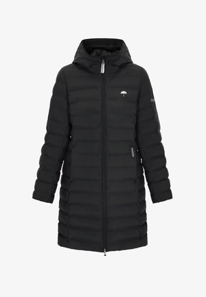 Schwarze Daunenjacke mit Kapuze. Verfügt über eine gesteppten Textur, einen durchgehenden Reißverschluss, elastische Bündchen und Logos auf der Brust und dem Ärmel.