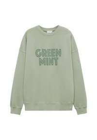 Mintgroene sweatshirt met de tekst "GREEN MINT" in een iets donkerder groen. Beschikt over een klassieke ronde hals en een ontspannen pasvorm. Zacht katoen.