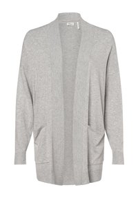 Lichtgrijze open voorzijde cardigan met lange mouwen, ribgebreide manchetten en randen, en voorzakken.
