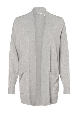 Lichtgrijze open voorzijde cardigan met lange mouwen, ribgebreide manchetten en randen, en voorzakken.