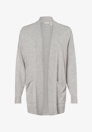 Hellgraue, offen gestaltete Strickjacke mit langen Ärmeln, gerippten Bündchen und Kanten sowie aufgesetzten Taschen vorne.