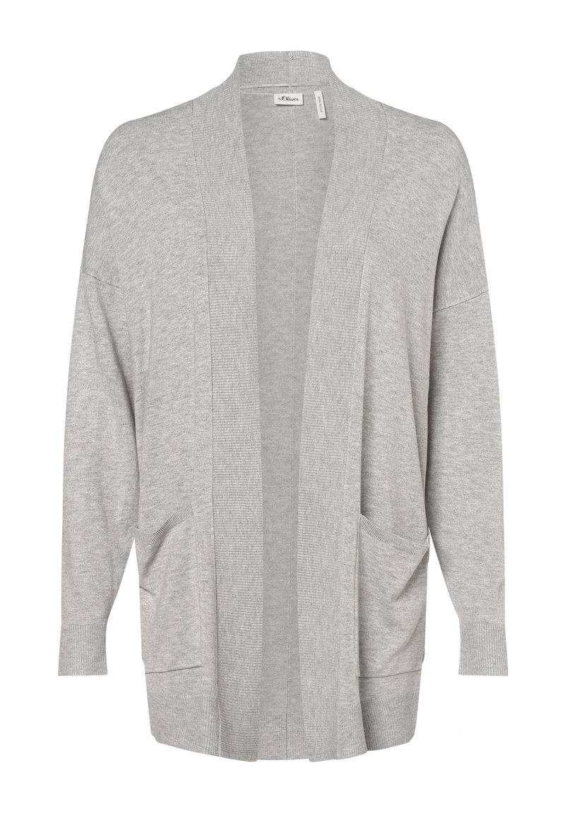Lichtgrijze open voorzijde cardigan met lange mouwen, ribgebreide manchetten en randen, en voorzakken.