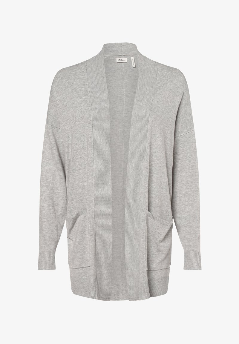 Lichtgrijze open voorzijde cardigan met lange mouwen, ribgebreide manchetten en randen, en voorzakken.