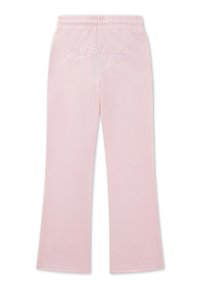 Lyserøde bukser med vide ben og elastisk talje, med "Ed Hardy" broderet på bagsiden i matchende lyserød tråd.