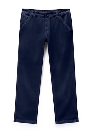 Pantalon décontracté bleu marine droit avec poches avant, passants pour ceinture et fermeture par bouton, présenté à plat sur fond blanc.
