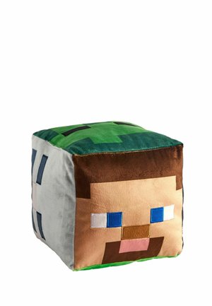 Blød kubisk pude med pixelated Minecraft karakter ansigt og grønt creeper design på den øverste panel.