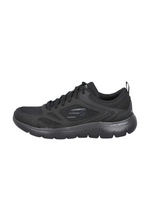 Zapatilla deportiva Skechers negra con parte superior de malla, diseño con cordones, cuello acolchado y suela acolchonada etiquetada como "Lite-Weight".