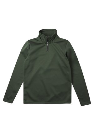 Dunkelgrüner Langarm-Pullover mit Viertelreißverschluss und hohem Kragen, mit kleinem vertikalem Logo am Reißverschluss.