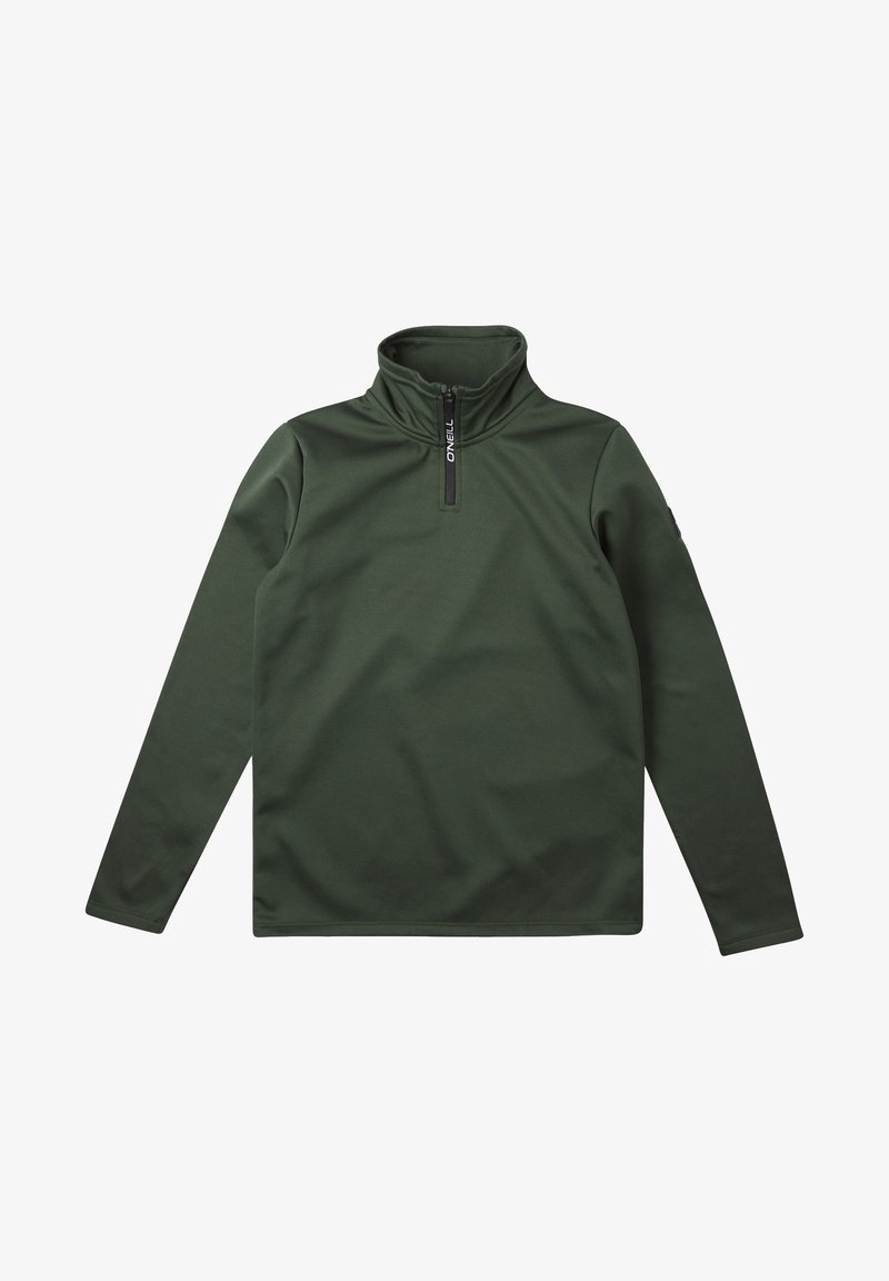 Pull-over vert foncé à manches longues avec une fermeture éclair quart de tour et un col montant, avec un petit logo vertical sur la fermeture éclair.