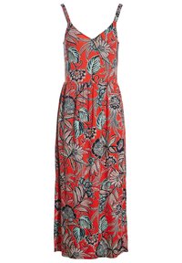 Rode maxijurk met dunne bandjes, met een levendig tropisch patroon van bladeren en bloemen in zwart en turquoise.