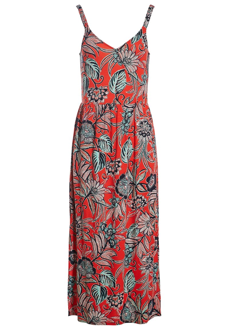 Rode maxijurk met dunne bandjes, met een levendig tropisch patroon van bladeren en bloemen in zwart en turquoise.