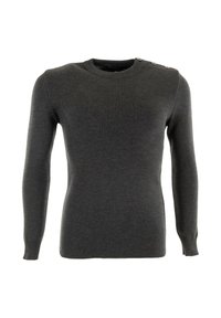 Maglione grigio scuro a maniche lunghe con texture a coste, scollatura tonda e tre bottoni sulla spalla sinistra per un tocco di dettaglio.