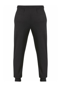 Pantalones de chándal negros de tejido suave, con cinturilla elástica, perneras estrechas y puños ajustados en los tobillos. Sin patrones ni acentos.