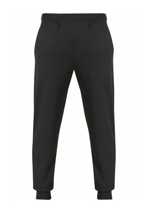 Pantaloni de trening negri, confecționați dintr-o țesătură moale, având o talie elastică, picioare conice și mansete strânse la glezne. Fără modele sau accente.