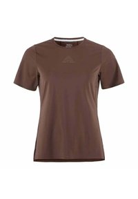 Brown short-sleeve T-shirt made of smooth fabric, featuring a crew neckline and a small logo centered near the collar. Side slits included.