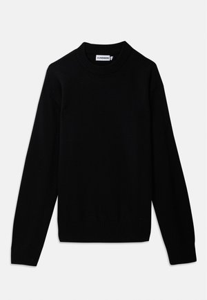 Black sweater with a ribbed crew neckline, long sleeves, and a textured knit pattern. No visible logos or embellishments.