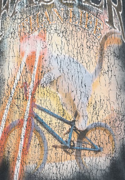 Skateur réalisant une figure sur un vélo BMX dans un style peinture craquelée en noir et blanc avec le texte « Vie Urbaine » au-dessus.