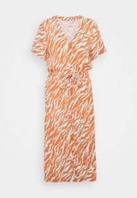 Pruhované midi šaty v oranžov é a bílé barvě s výstřihem do V, krátkými rukávy, knoflíky vpředu a opaskem v pase pro nastavitelný střih.