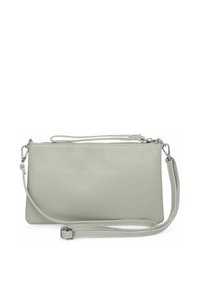 Grau Leder Clutch mit strukturiertem Oberflächen, Reißverschluss und abnehmbarem Tragegurt. Verfügt über silberne Hardware und ein minimalistisches Design.