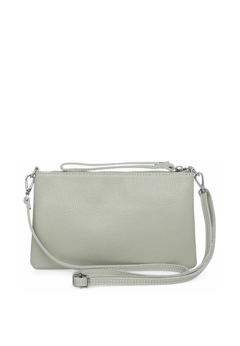 Grau Leder Clutch mit strukturiertem Oberflächen, Reißverschluss und abnehmbarem Tragegurt. Verfügt über silberne Hardware und ein minimalistisches Design.