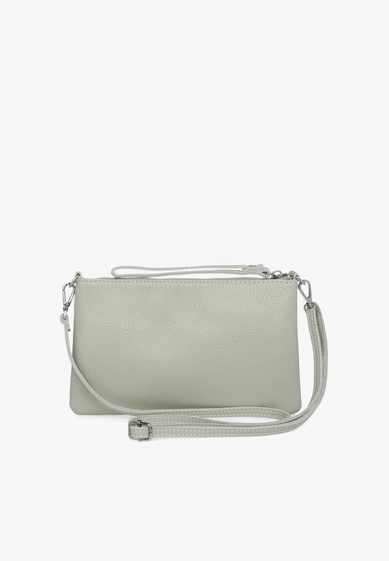 Grau Leder Clutch mit strukturiertem Oberflächen, Reißverschluss und abnehmbarem Tragegurt. Verfügt über silberne Hardware und ein minimalistisches Design.