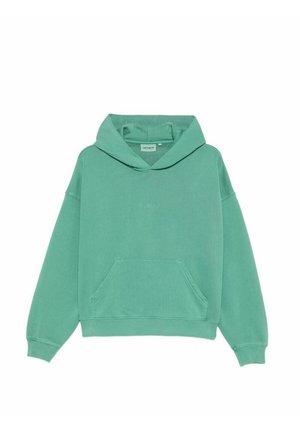 Mintgrøn pullover hoodie med front kengurulomme og ribstrikkede manchetter, vist mod en hvid baggrund.