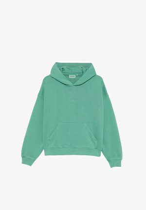 Mintgrøn pullover hoodie med front kengurulomme og ribstrikkede manchetter, vist mod en hvid baggrund.