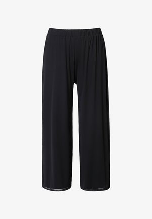 Schwarze, weite Hosen mit elastischem Bund, aus leichtem Material gefertigt. Verfügt über ein durchscheinendes Seitenpaneel, das ein geschichtetes Aussehen bietet.