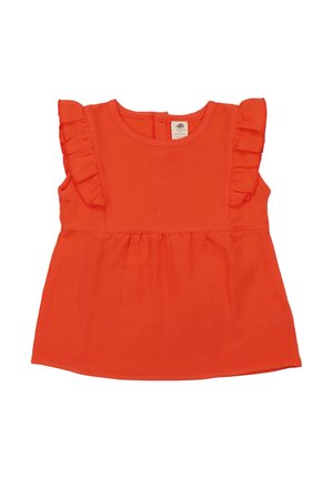 Leuchtend orangefarbenes ärmelloses Kleinkindoberteil mit gerafften Schulterdetails und Taillennaht, aus weichem Stoff gefertigt.