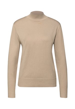 Beige rullekrave sweater med lange ærmer, ribbet tekstur, tætsiddende design og ensfarvet. Ingen mønstre eller udsmykninger.