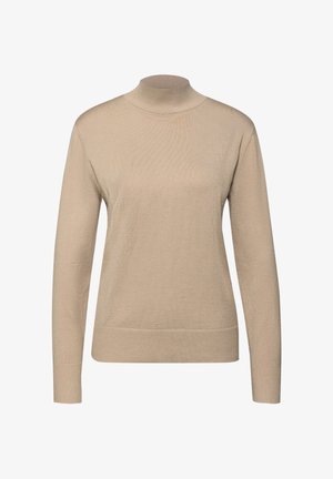 Suéter de punto beige con cuello alto, mangas largas, textura acanalada, diseño ajustado y color sólido. Sin patrones ni adornos.