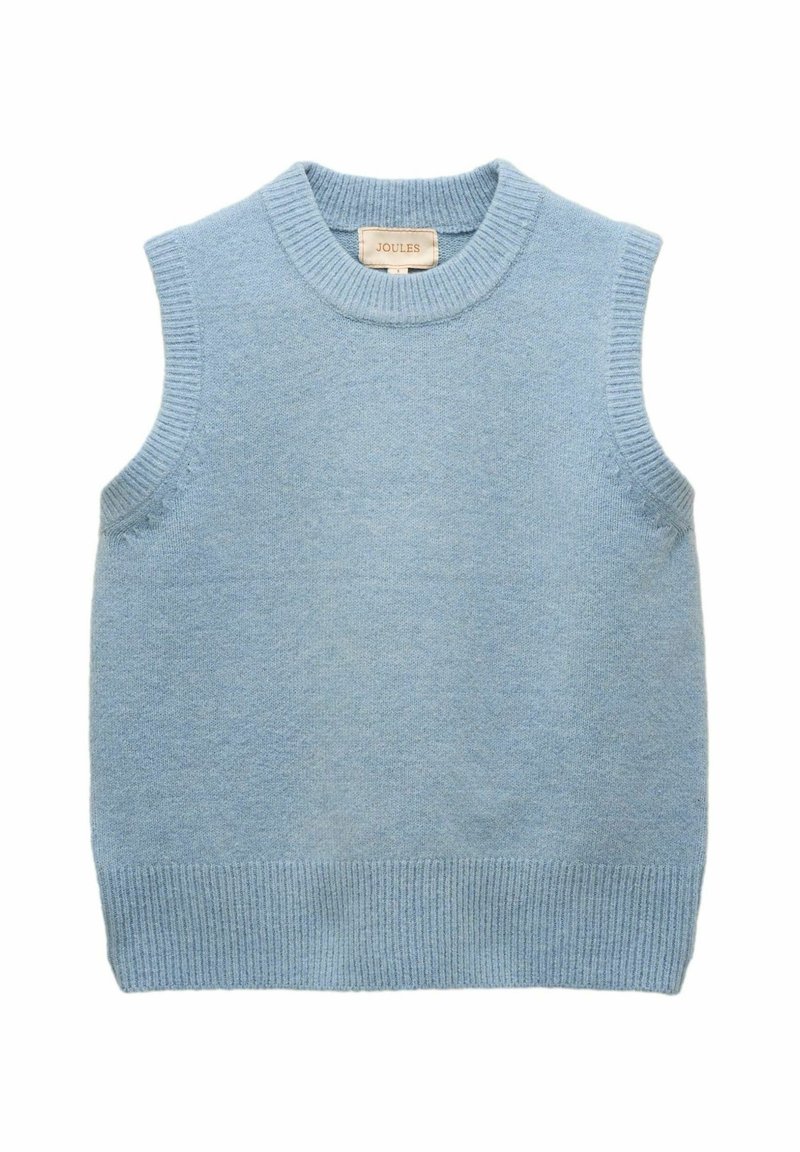 Hellblauer gestrickter ärmelloser Pullover mit geripptem Rundhalsausschnitt, Armausschnitten und Saum, innen am Kragen mit der Aufschrift "Joules".