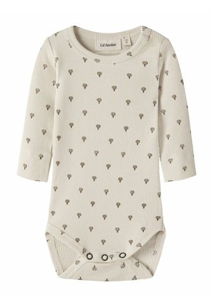 Body bébé côtelé crème à manches longues avec un petit motif de montgolfière marron foncé, avec des boutons pression en bas.