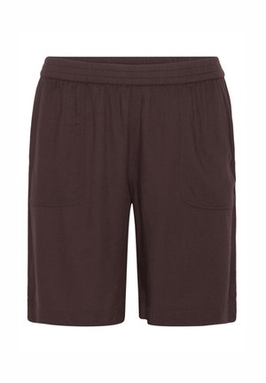 Dark brown, knee-length shorts made from soft fabric with an elastic waistband and two side pockets, featuring a relaxed fit and straight cut.