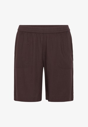 Donkerbruine, knielange shorts van zachte stof met een elastische tailleband en twee zijzakken, met een ontspannen pasvorm en rechte snit.